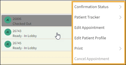 Appointment Quick Actions menu with a yellow highlight box around it.